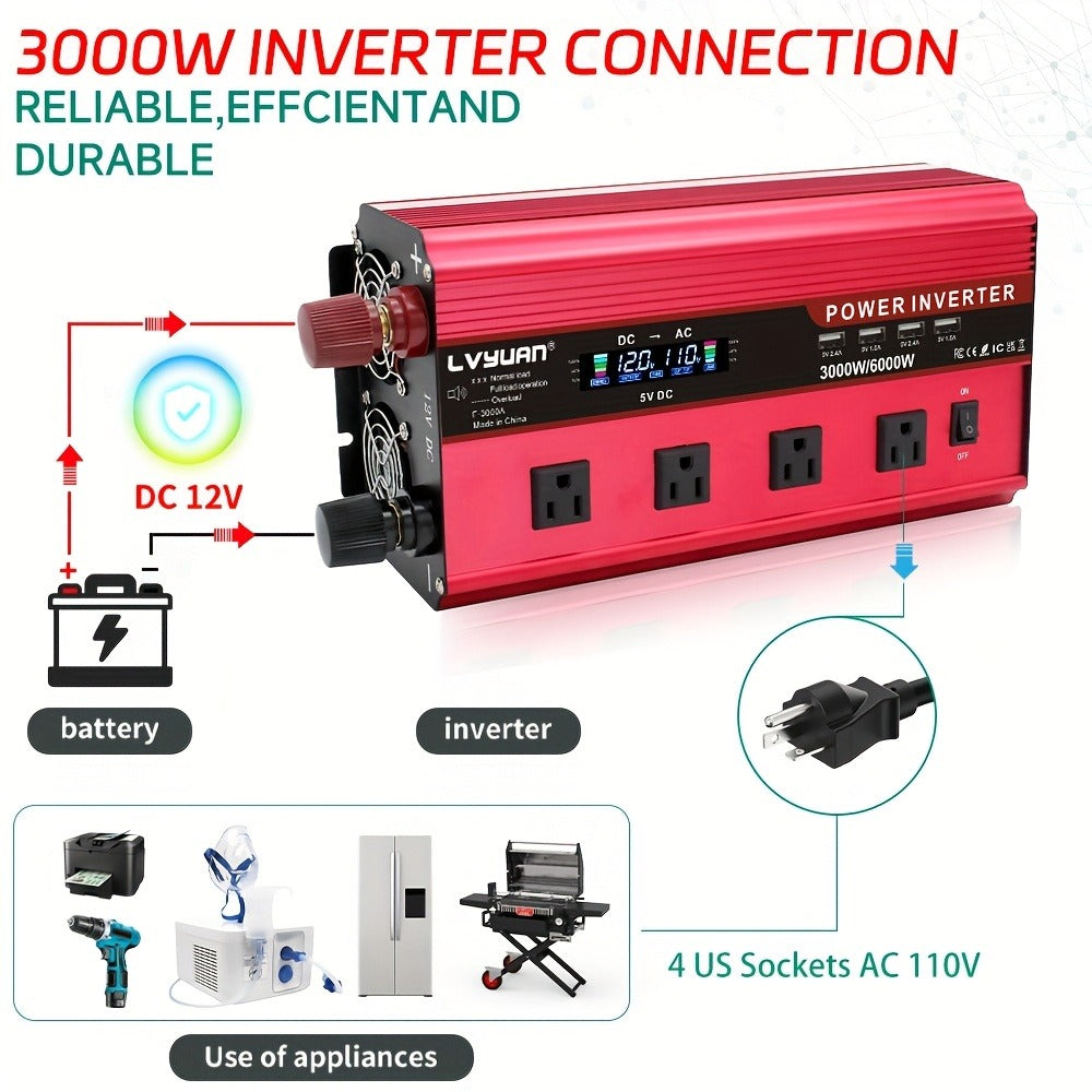 Multi-Format Car Power Inverter with 200W, 1000W or 3000W Labels in Red and Black Options for Vehicles