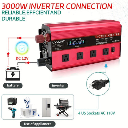 Multi-Format Car Power Inverter with 200W, 1000W or 3000W Labels in Red and Black Options for Vehicles