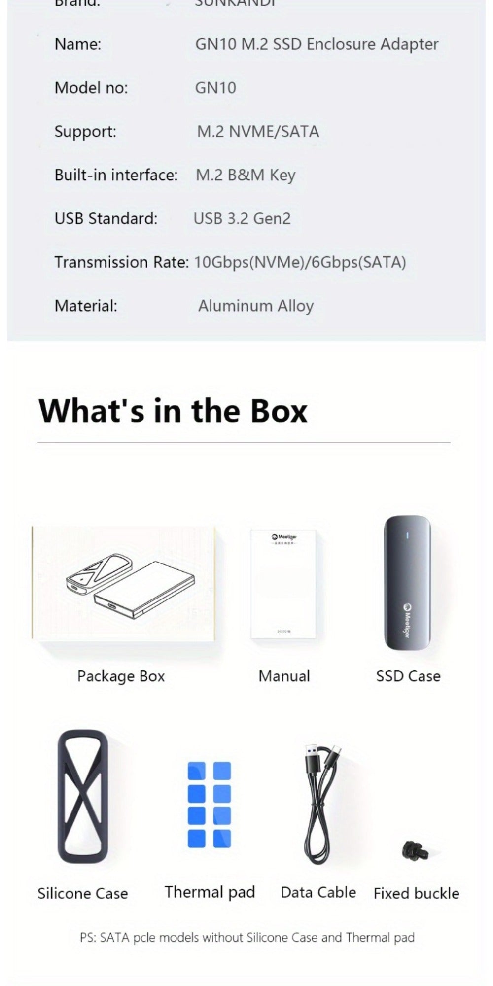 M.2 NVMe/SATA SSD Enclosure 10Gbps USB Adapter, Supports M & B+M Key, 2230/2242/2260/2280, Portable Metal SSD Case for PC