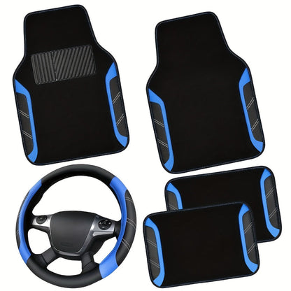 Steering Wheel Cover & Waterproof Car Floor Mats Combo Set – Microfiber Anti-Slip Universal Fit 14.5-15 Inch for 95% Sedan SUV Cars
