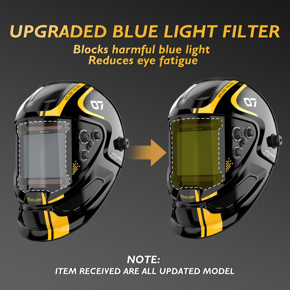 Auto-Darkening Welding Helmet – 3.94" x 3.66" Large View, True Color 1/1/1/1 Optical Clarity, Solar Powered, 4 Arc Sensors