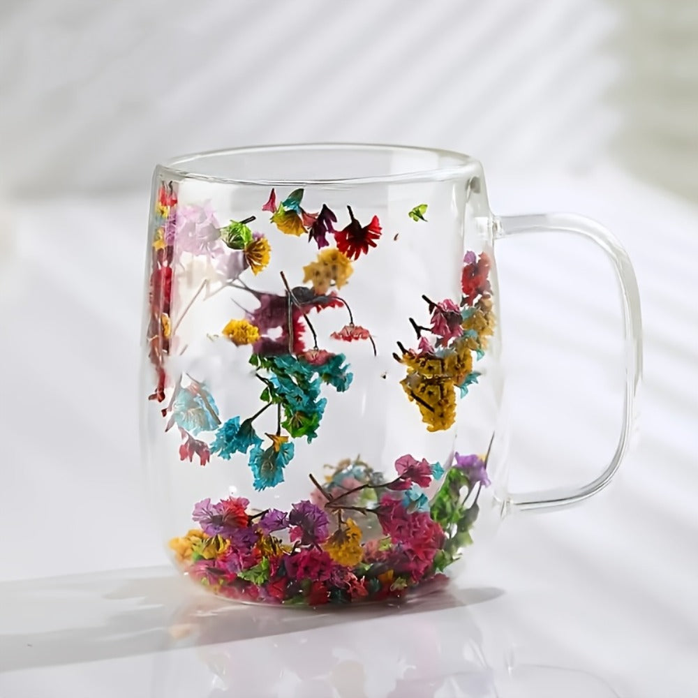 Double Wall Glass Coffee Cups with Handle Set of 4 – Borosilicate Thermal Mugs for Latte Cappuccino Tea | Dried Flower & Petal Design