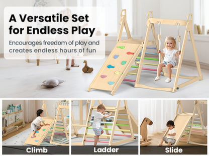 Foldable Indoor Wooden Jungle Gym for Toddlers, 4-in-1 Climbing Frame with Swing, Slide & Ladder
