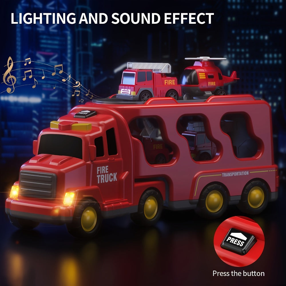 5-in-1 Fire Truck Playset for Kids 3-9, Friction Powered Interchangeable Rescue Vehicles Set with Carrier Truck