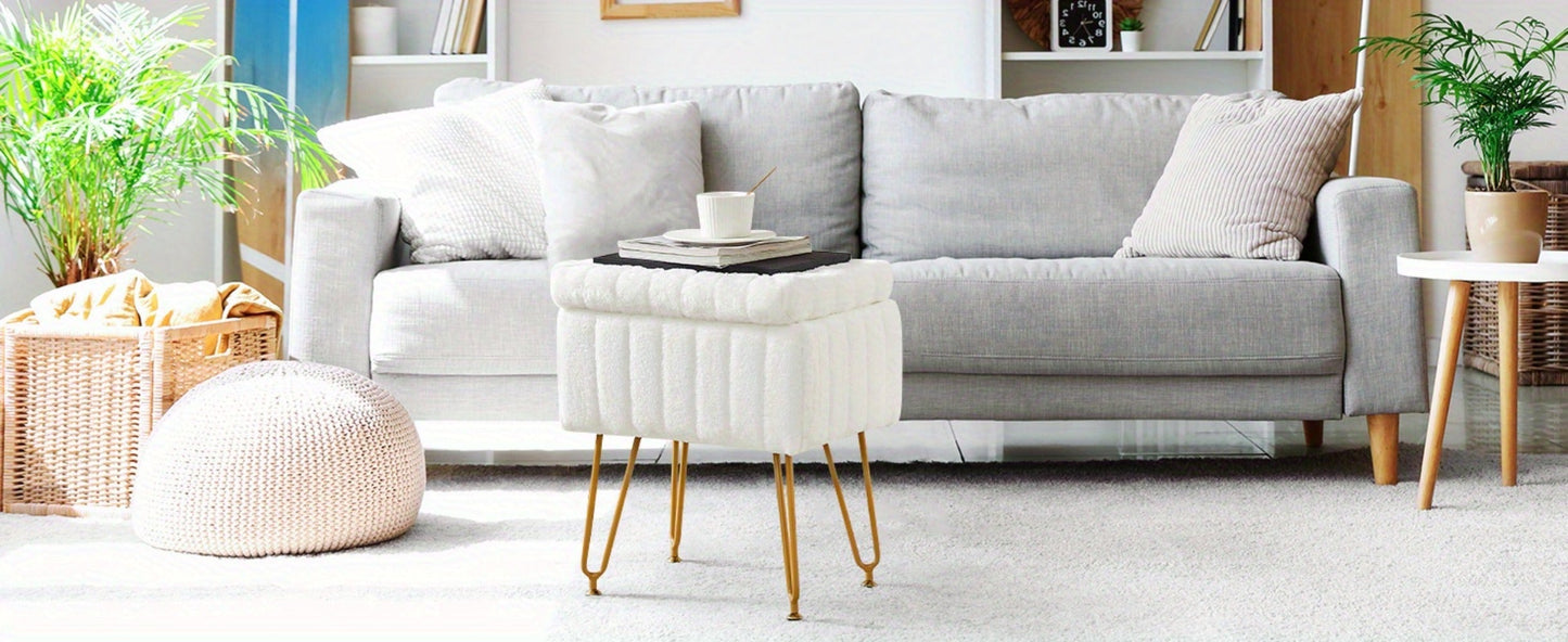 Faux Fur Storage Ottoman Stool, Furry Vanity Seat with Storage, 4 Metal Legs & Feet, Cute Modern Multi-Function Chair for Bedroom