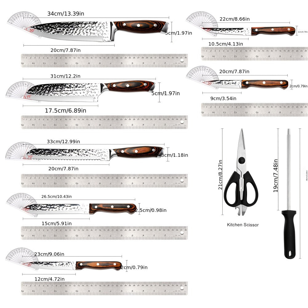 Kitchen Knife Set 15-Piece & 20-Piece Professional Chef Knives with Block Sharpener Ultra-Sharp Medium Carbon Stainless Steel Hammered Blade
