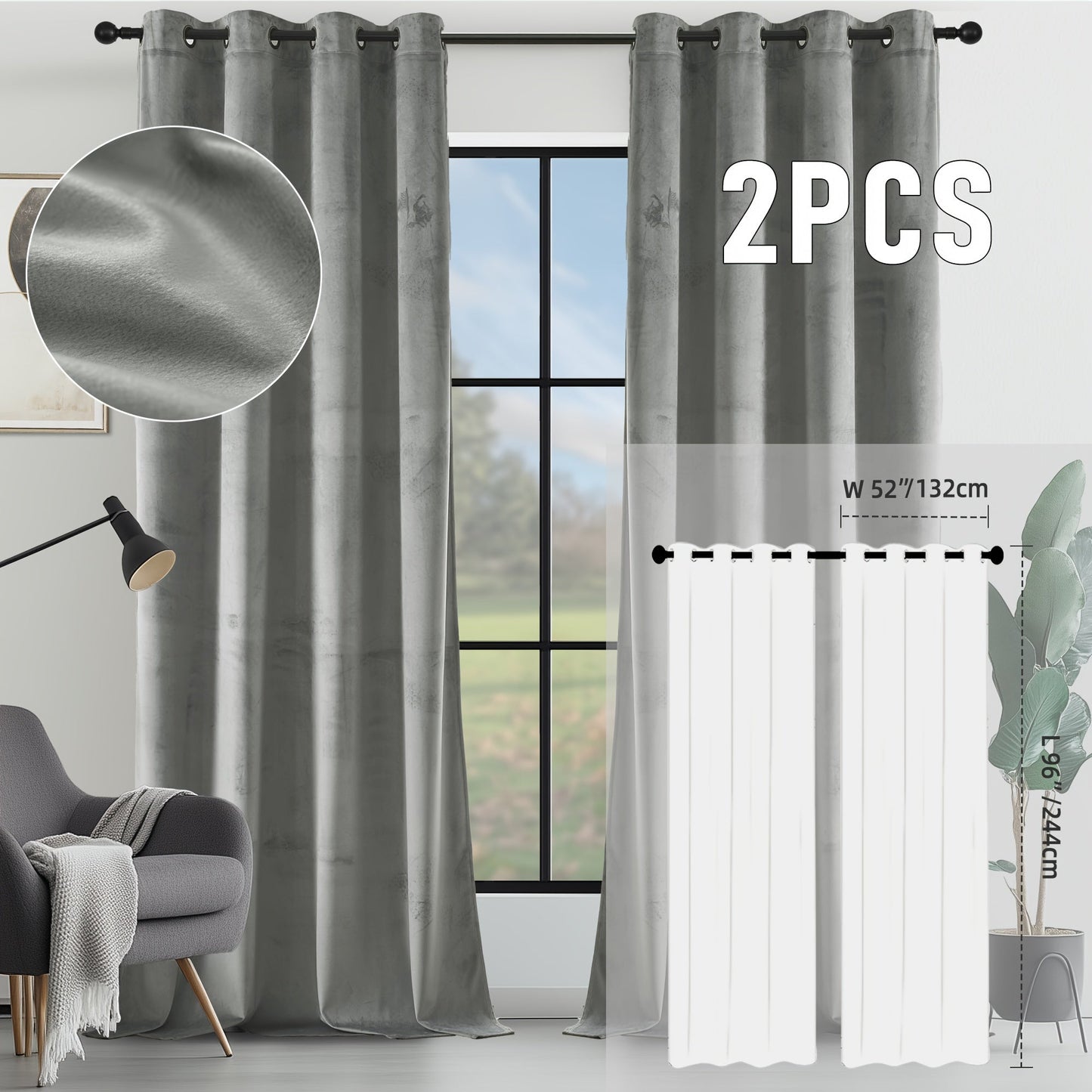 Velvet Room Darkening Curtains 2 Panels, Grommet Top Thermal Insulated Soundproof Blackout Curtains for Living Room Bedroom