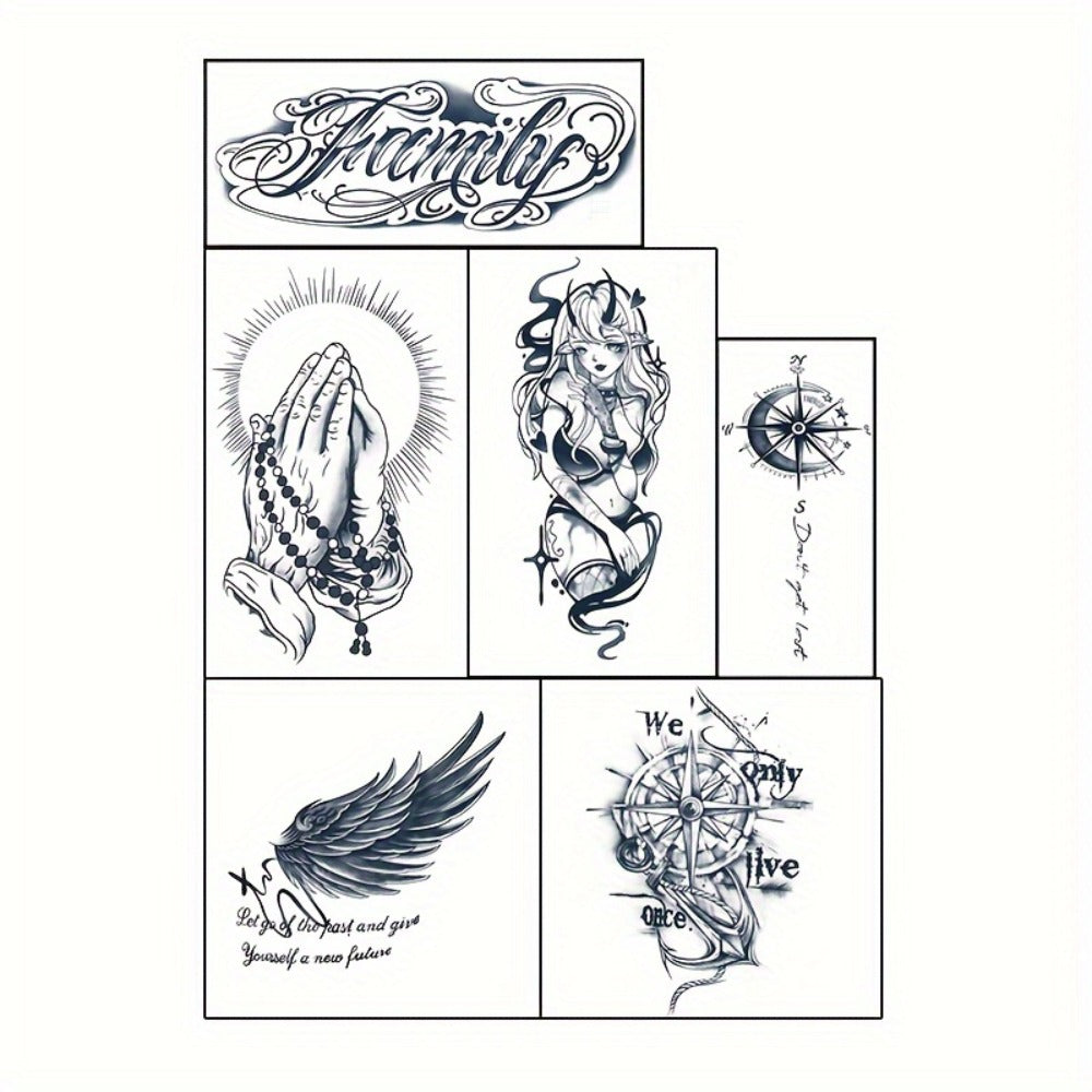 Temporary Tattoos, 6-Sheet Black Compass, Wings and Anchor Set with Large Body Art Designs