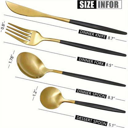Twenty-Four-Piece Black and Gold Flatware Set for Six with Forks, Knives and Two Spoon Sizes