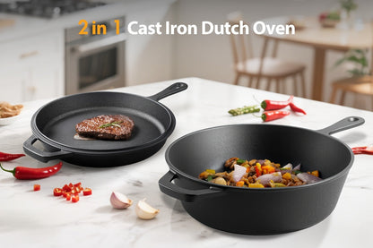 2-in-1 Cast Iron Dutch Oven with 26cm Deep Pot and Long-Handle Skillet Lid for Stovetop, Oven or Campfire