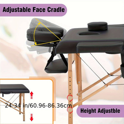 2-Fold Portable Massage Table with Face Cradle & Carrying Bag, Adjustable Height PU Leather Lash Bed