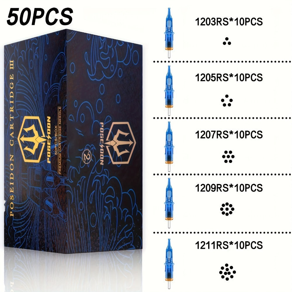 Tattoo Cartridge Needles with POSEIDON V3 Label, 50-Piece Mixed, RL-Only or RS-Only Pack Choices