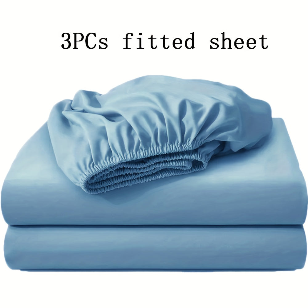 Three-Piece Solid-Color Fitted Sheet Set with Two Pillowcases, Nine Colors and Four Bed Sizes