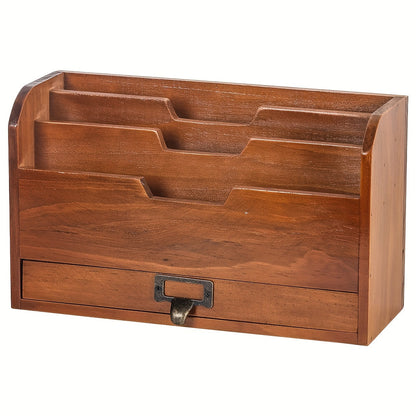 Wooden Desktop File Organizer with Drawer – Multi-Compartment Document Storage Rack for Office, Home & Study