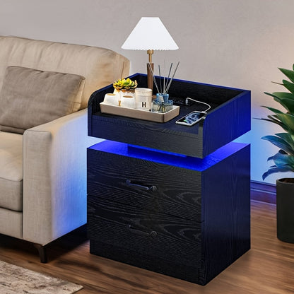 Wooden Nightstand with LED Ambient Light & Charging Station, Fabric Drawer, Blue Glow for an Everyday Personal Care Routine