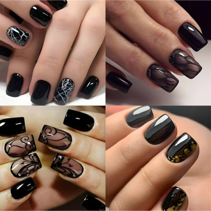 Press On Nails 96-Piece Short Square Black Ice-Crack Pattern Glossy Full-Cover Set with Nail Glue