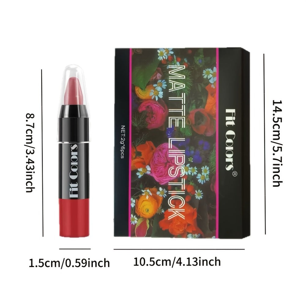 Squalane Crayon Lipstick Set 6 Pcs, Matte & Glossy Lip Pencil with Volumizing Formula, Easy Color Lip Liner for All Skin Types