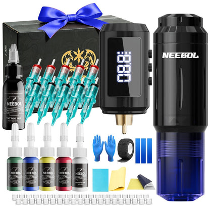 Tattoo Machine Kit Neebol A-07, A-07 Pro or B-08 Cordless Pen with 1600mAh Battery, 20 Cartridges and 8 Inks