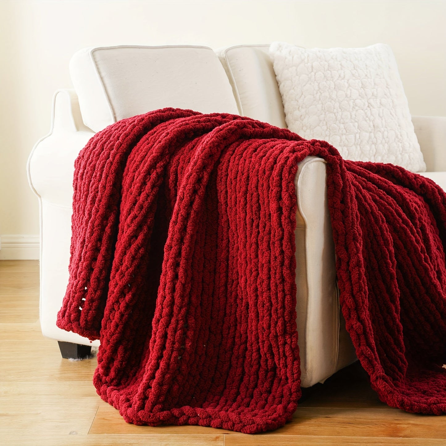 Chunky Chenille Cable Knit Throw Blanket, 350-400gsm Crochet Throw for Sofa, Bed & Couch, Vintage Patchwork