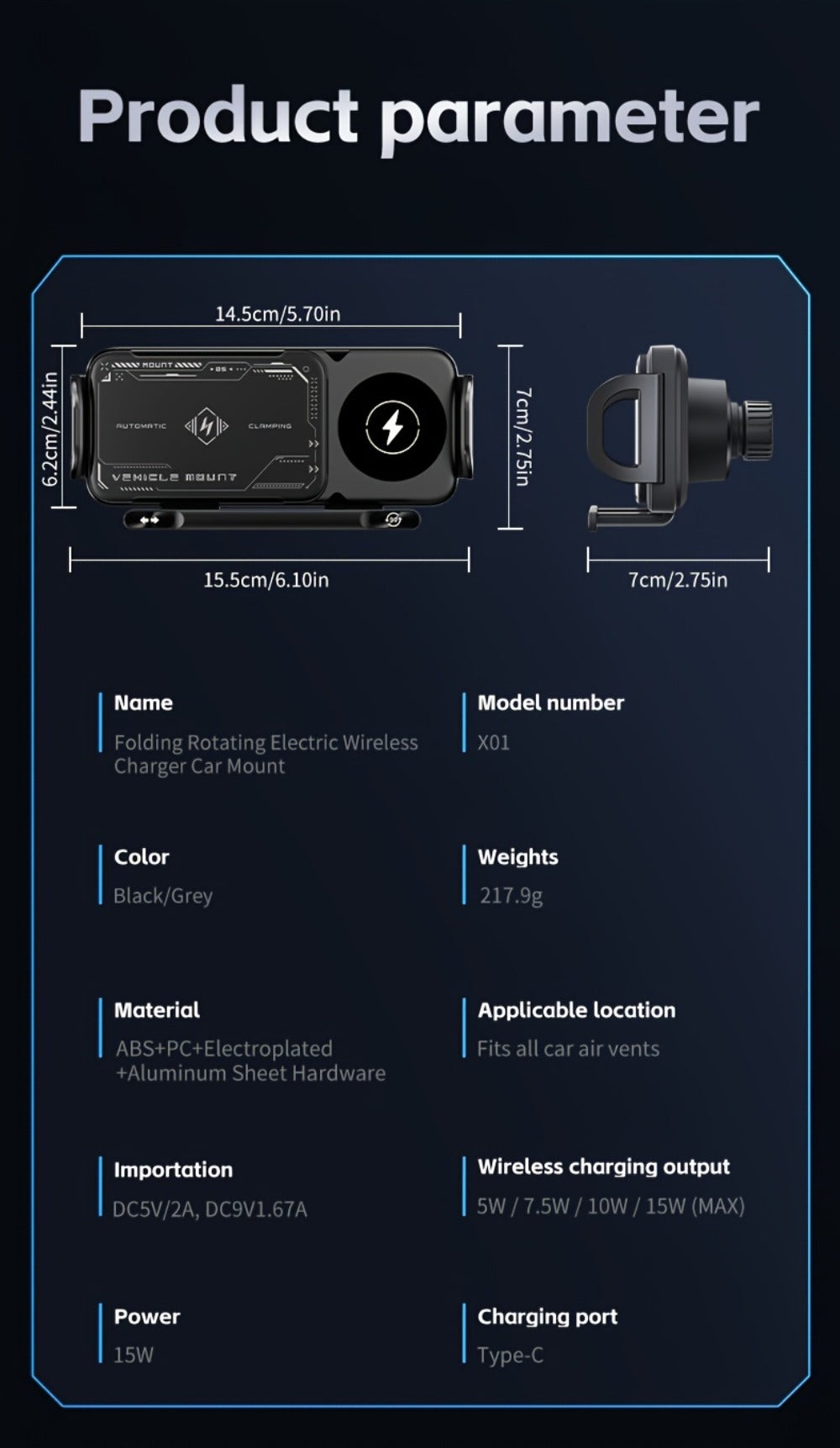 Dual-Coil Wireless Charging Car Mount with 15W Label, Fold-Screen Support and Three Configurations