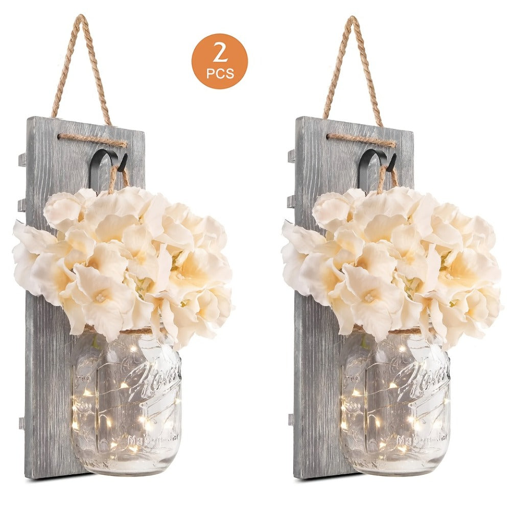 Mason Jar Wall Sconces Set of 2 – Rustic Farmhouse Wall Decor with Ivory Hydrangea Flowers