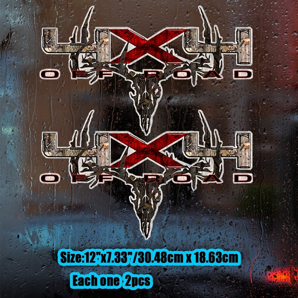 Two-Piece Hunting Skull Truck Decal Set with Antlers, Crossed Arrows and Red Center Accent