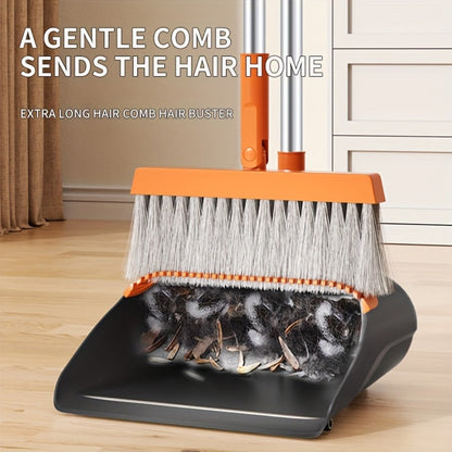 Folding Broom and Dustpan Set with Sectioned Handle, Rotating Head and Nine Blue, Orange or Khaki Checkout Options