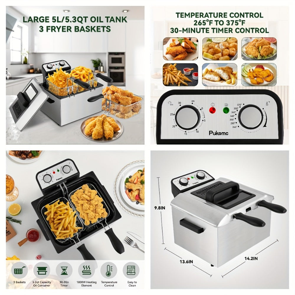 Black Stainless-Steel Deep Fryer with 1.5L to 6L Options, Enamel Inner Pot and Foldable Basket Handle