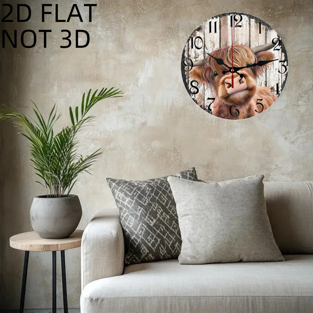 10-Inch Round Cow-Print Wall Clock with Flat Wood-Look Face, Black Numerals and Red Second Hand