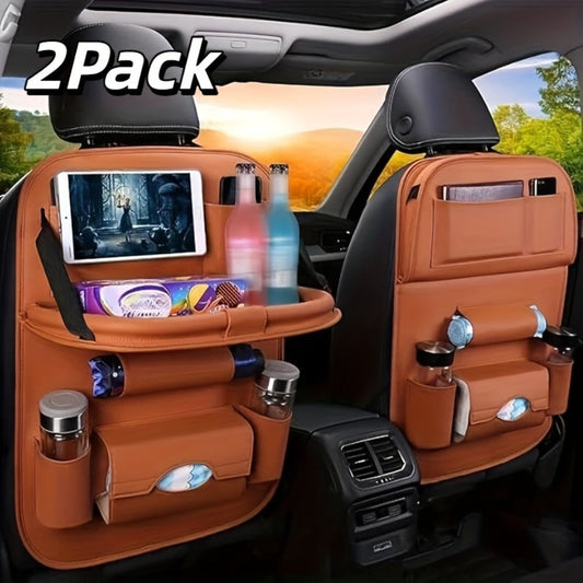 Car Rear Seat Organizer with Foldable Table, Footrest, Cup Holder, Tissue Box & Laptop Base – 2-Piece Premium Back Seat Storage Box Travel