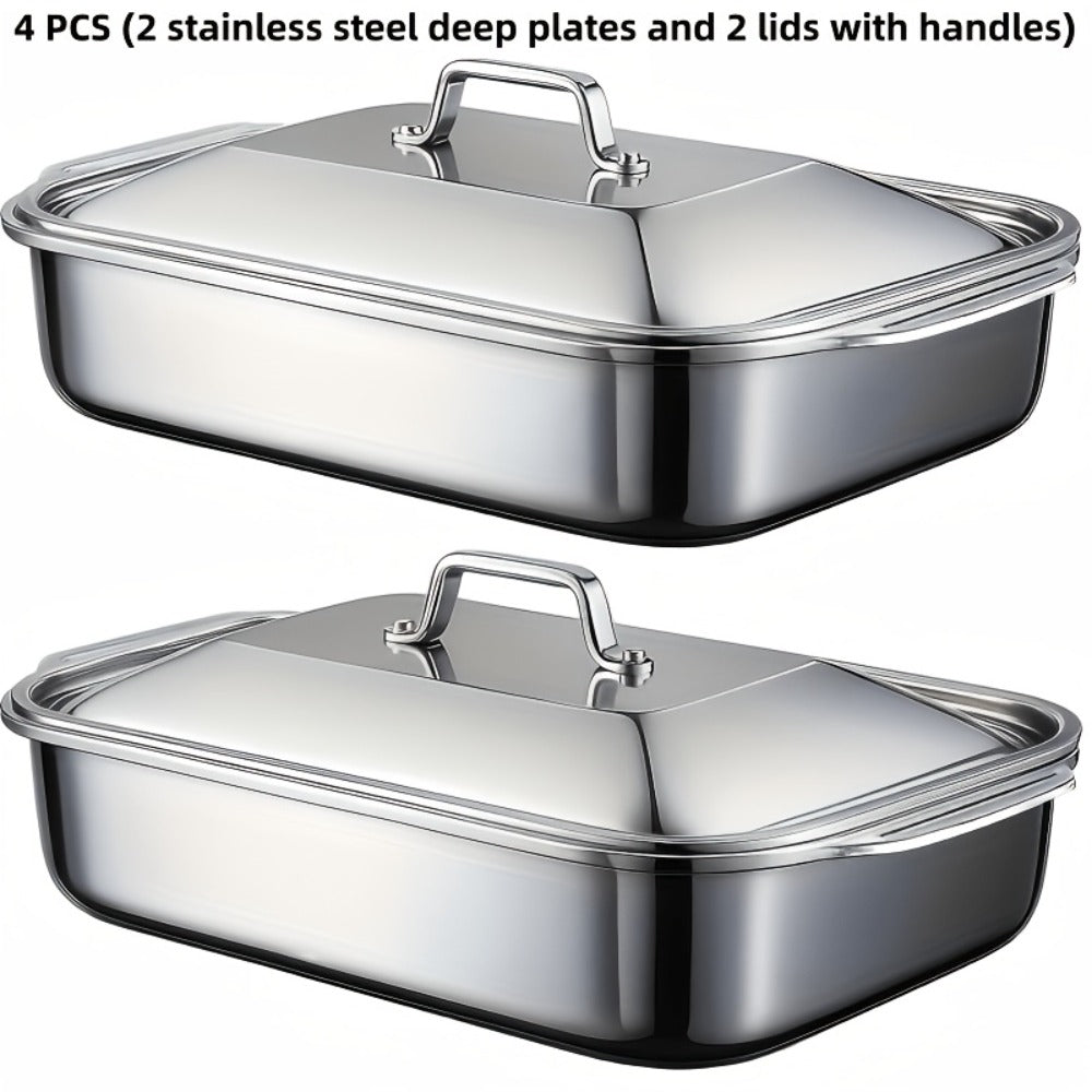 Stainless Steel Deep Baking Tray with Lid 4-Piece Set, 1.59 Gallon Rectangular Roasting Pan with Handle Lids