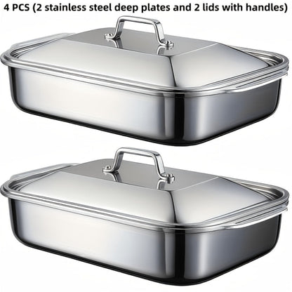 Stainless Steel Deep Baking Tray with Lid 4-Piece Set, 1.59 Gallon Rectangular Roasting Pan with Handle Lids