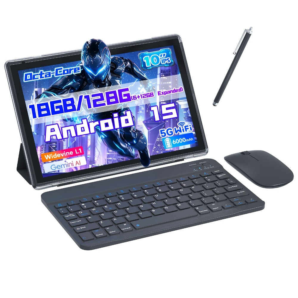 10.1-Inch Android 15 Tablet with 18GB Configured Memory, 128GB Storage, Dual-Band Wi-Fi and Keyboard Set Options