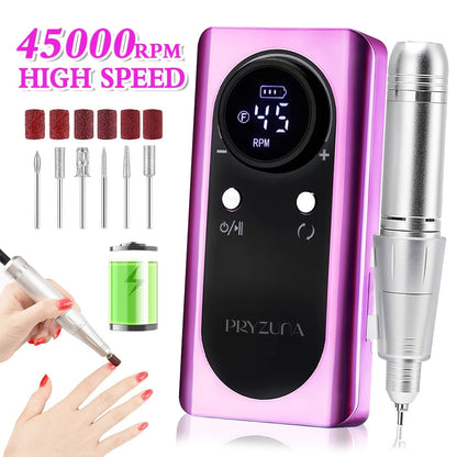 Electric Nail Drill 45000 RPM Brushless Kit with LCD Screen, 6 Bits, 6 Sanding Bands and Belt Clip