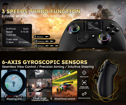 Touchscreen Wireless Gaming Controller in Black with Four Back Buttons and Optional Detachable Phone Bracket