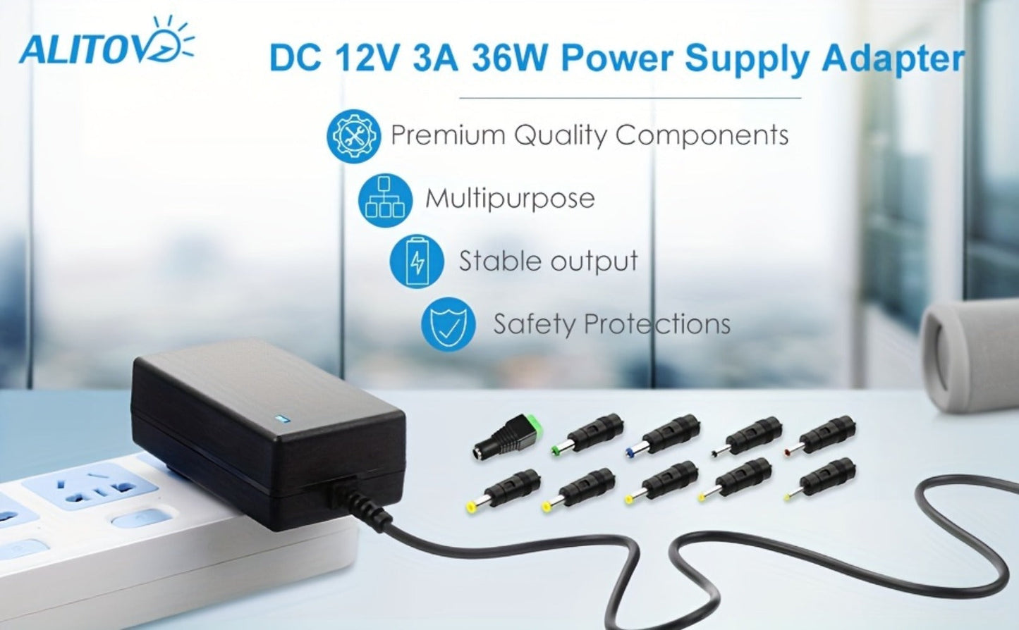 Fixed 12V 3A AC/DC Power Adapter with 36W Label, US Plug and Ten Interchangeable Connector Tips