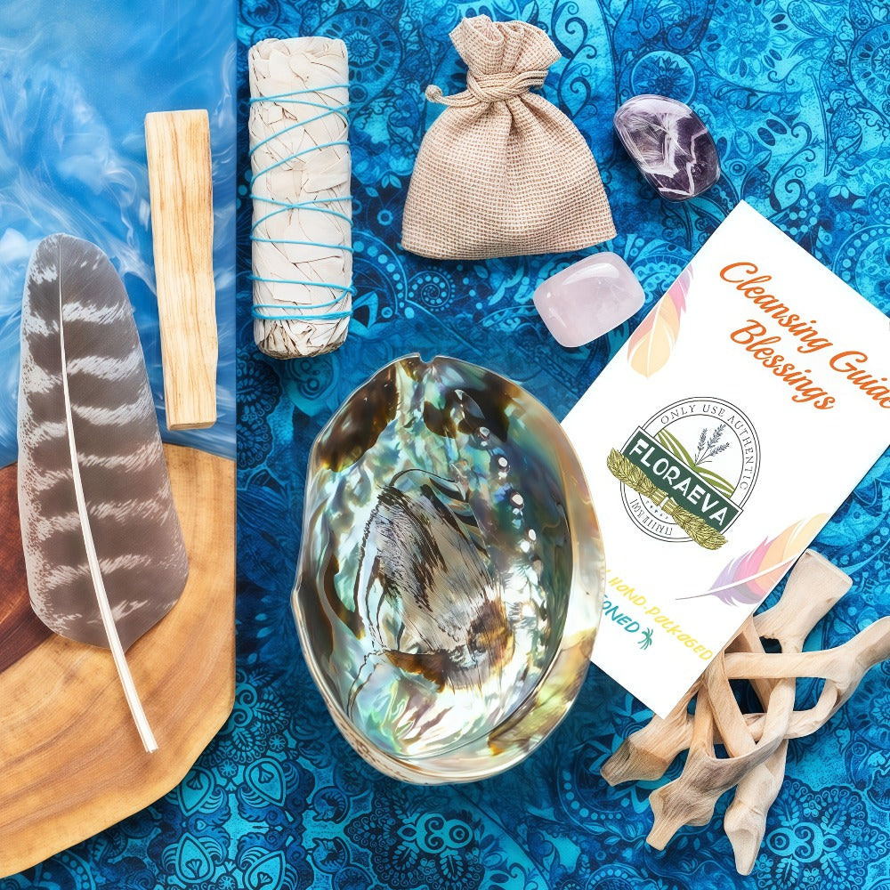 White Sage Cleansing Kit Smudge Set with Abalone Shell Holy Wood Incense Feathers Crystal for Entryways, Bedrooms and Living Spaces