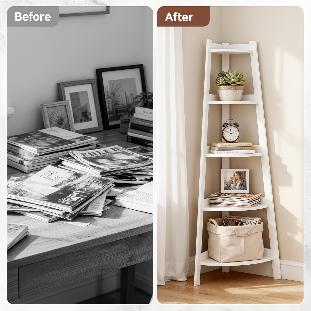 White Five-Tier Ladder-Style Freestanding Corner Shelf, Approximately 110 cm High and 34 cm Wide