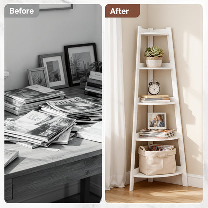 White Five-Tier Ladder-Style Freestanding Corner Shelf, Approximately 110 cm High and 34 cm Wide