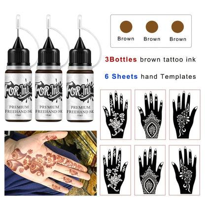 Fake Freckles Jagua Gel Kit Semi-Permanent Temporary Tattoo Ink, 3 Brown & Red Ink Bottles, 6 Stencils &