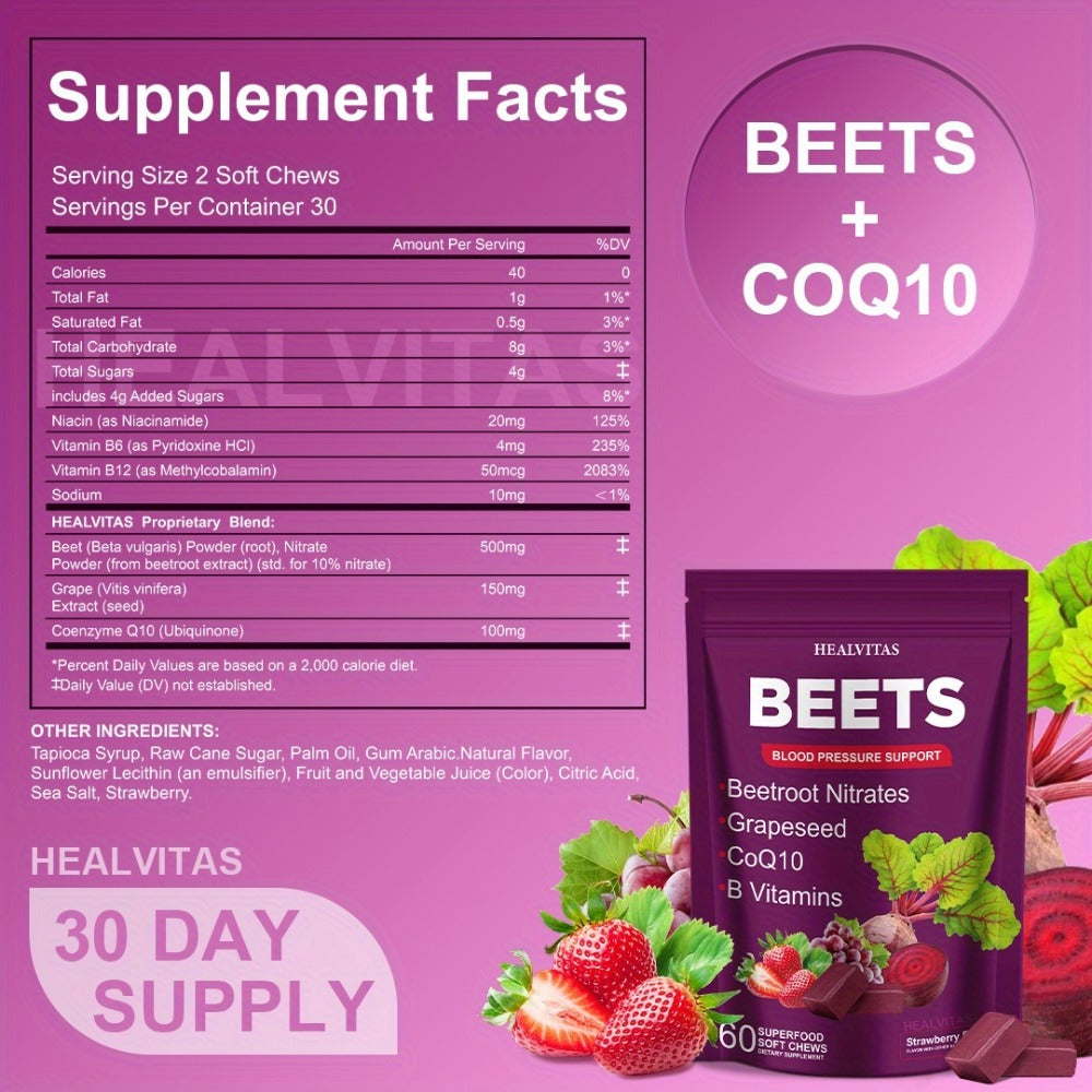Beet Root Gummies for Blood Pressure & Heart Health with CoQ10 Vitamin B12 B6 Grapeseed Extract