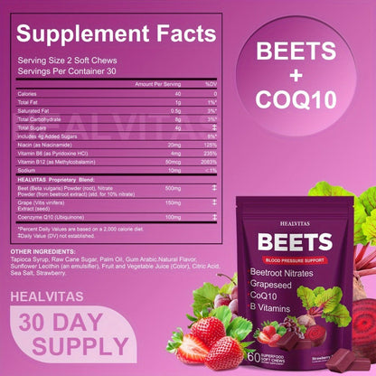 Beet Root Gummies for Blood Pressure & Heart Health with CoQ10 Vitamin B12 B6 Grapeseed Extract