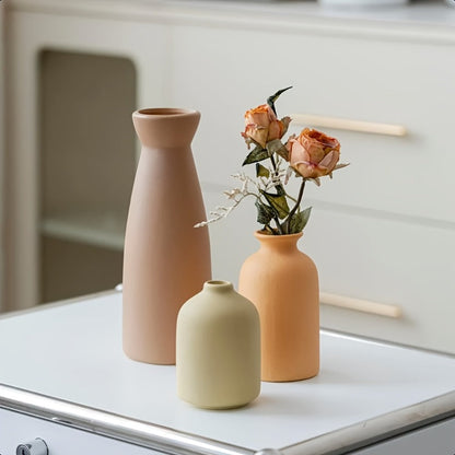 Boho Ceramic Vase Set 3pcs - Matte Nordic Minimalist Geometric Floral Design for Home Decor, Living Room