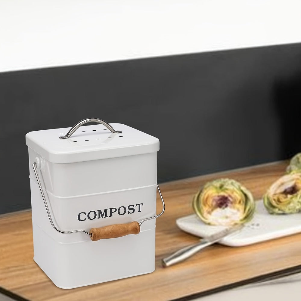 Kitchen Compost Bin 1 Gallon with Charcoal Filter & Wooden Handle, Odor-Free Indoor Countertop Food Waste Bin