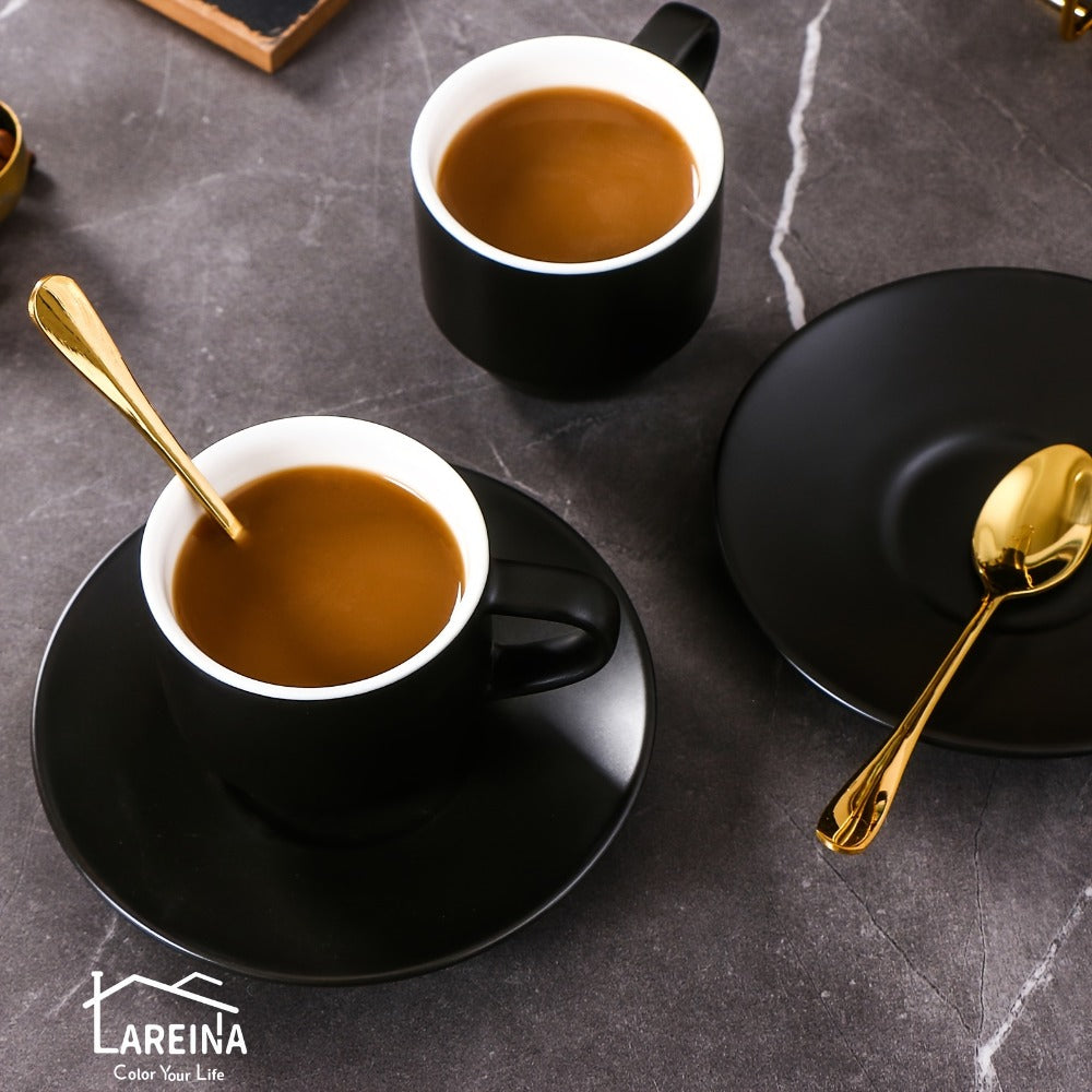 Espresso Cups Set of 6 with Saucers, Spoons & Metal Stand, 4oz Stackable Ceramic Cappuccino Mugs for Double Espresso