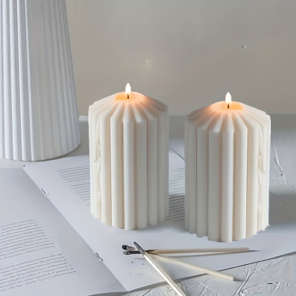 White Ribbed Soy Wax Pillar Candle Pair with Two Matched Sizes or One-of-Each Mixed-Size Option