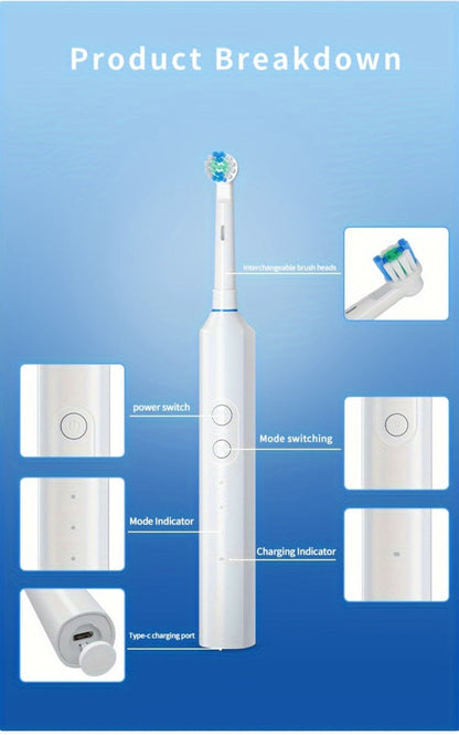 Electric Toothbrush for Adults, Rechargeable 4 Brush Heads 3 Cleaning Modes Smart Timer IPX7 Waterproof USB Quick Charge 600mAh Round Head