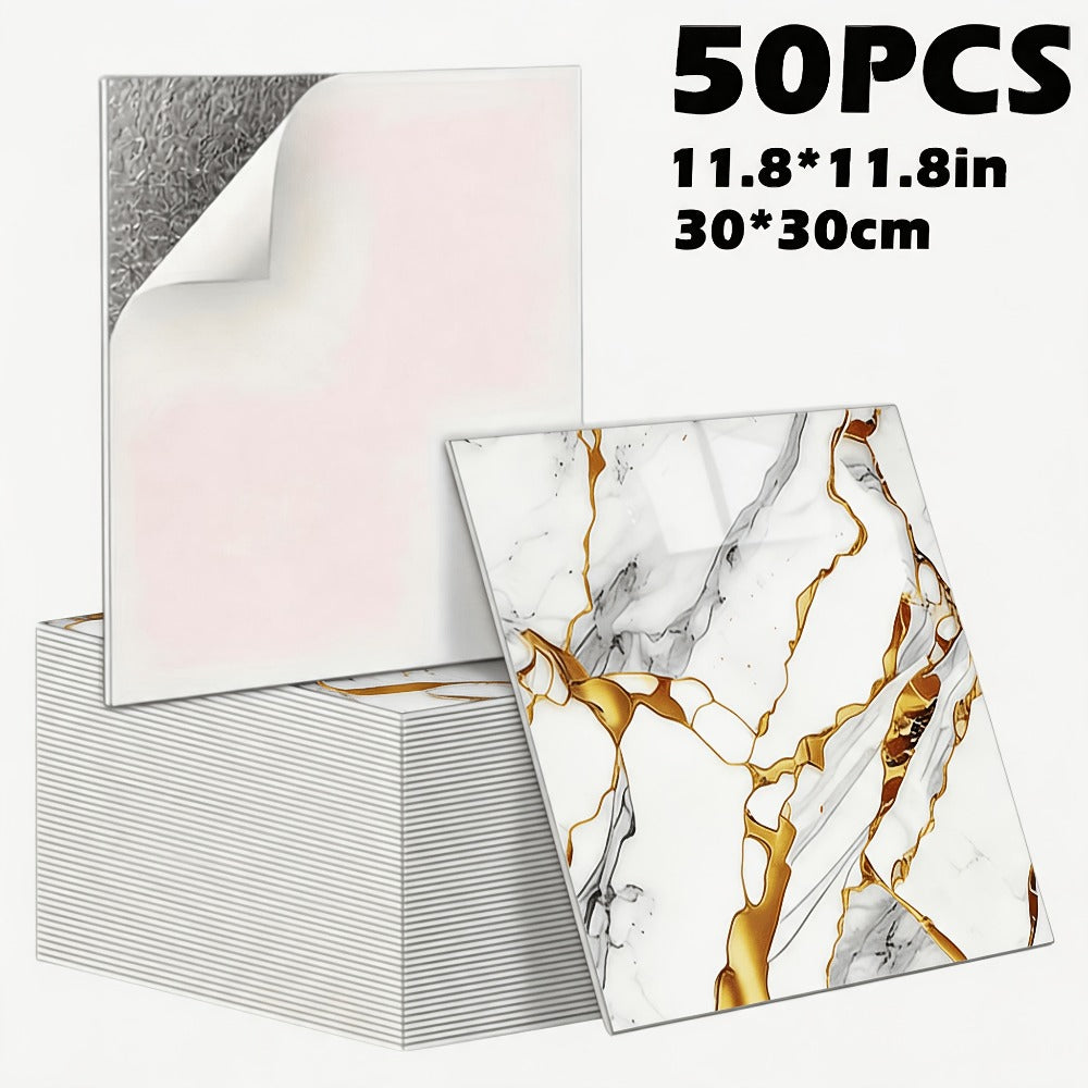 Peel and Stick Wall Tiles 50/100pcs – PVC Marble Self-Adhesive Vinyl Panels for Bathroom Shower Kitchen Living Room TV Backdrop