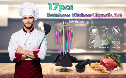 Silicone Cooking Utensils Set 17 Piece Rainbow Titanium with Rotating Holder – Heat Resistant Non-Stick Spatulas