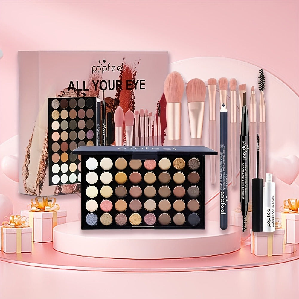 Squalane Eye Makeup Kit 40 Shades – Berry Pink Purple Shimmer Eyeshadow Palette with Mascara, Eyeliner, Brow Pen & Brush